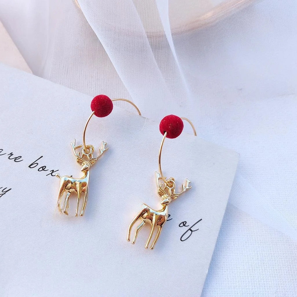 14K Gold Plated Alloy Reindeer Drop Earrings Christmas Animal Charm Jewelry For Women