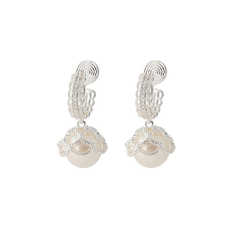 Elegant French Lace Filigree Spiral Circle Pink Pearl Rhinestone Stud & Clip On No Piercing Earrings