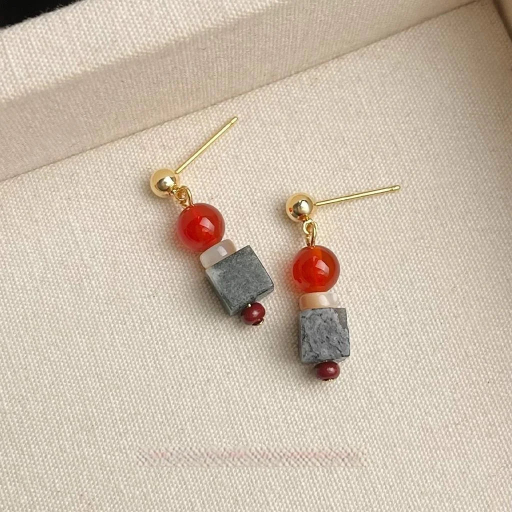 New Chinese Style Red Agate Shell Natural Stone Geometric Handmade Drop Earrings For Women
