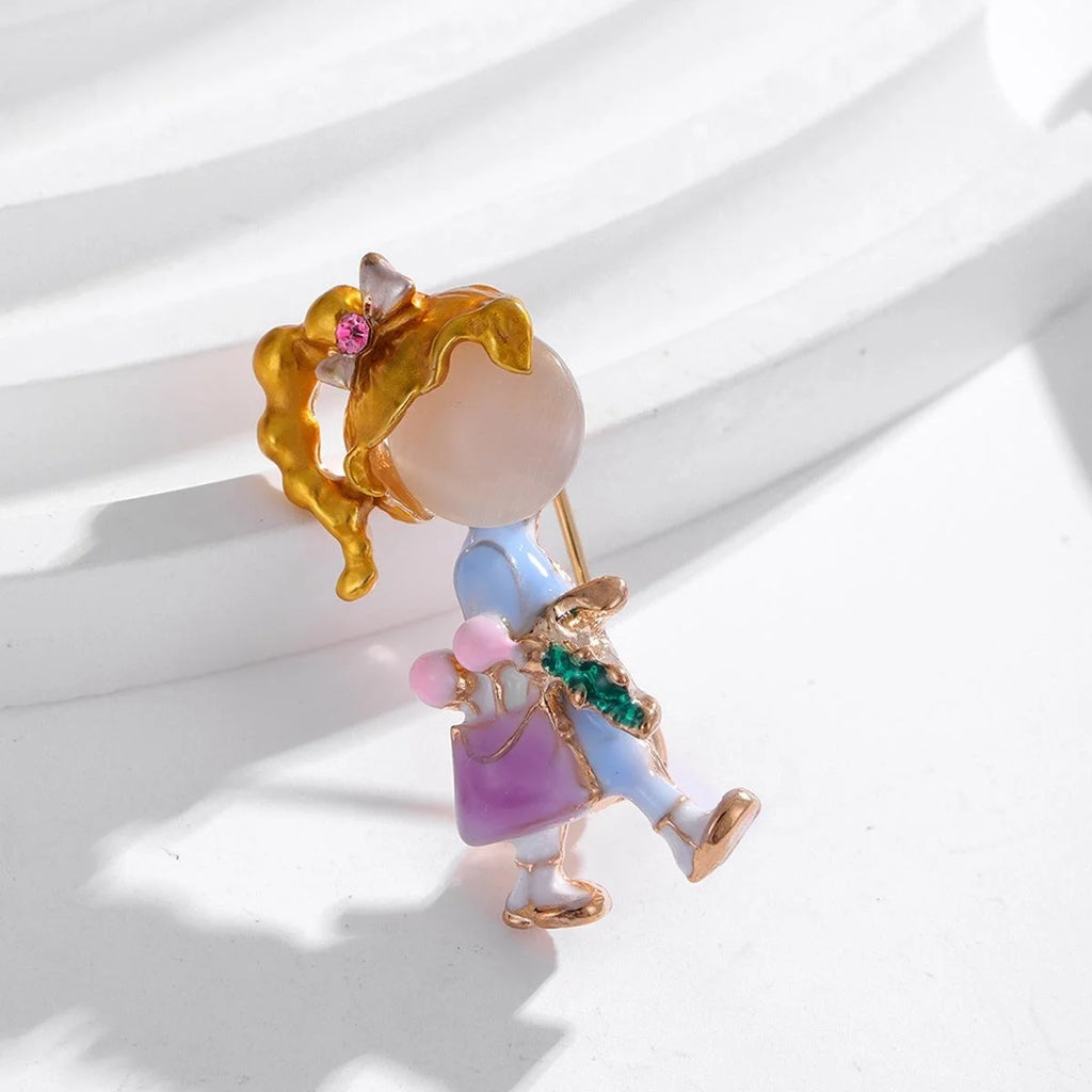 Cute Enamel Walking Girl With Handbag Rhinestone Bow Brooch, Cartoon Alloy Lapel Pin Suit Accessory Gift