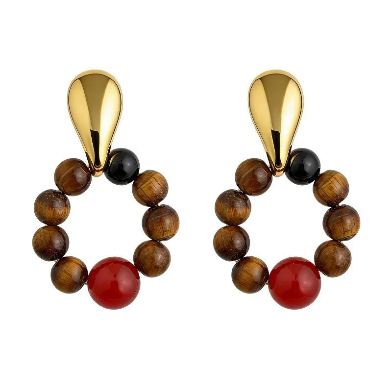 Ethnic Vintage Natural Tiger Eye Red Agate Geometric Round Copper Drop Earrings