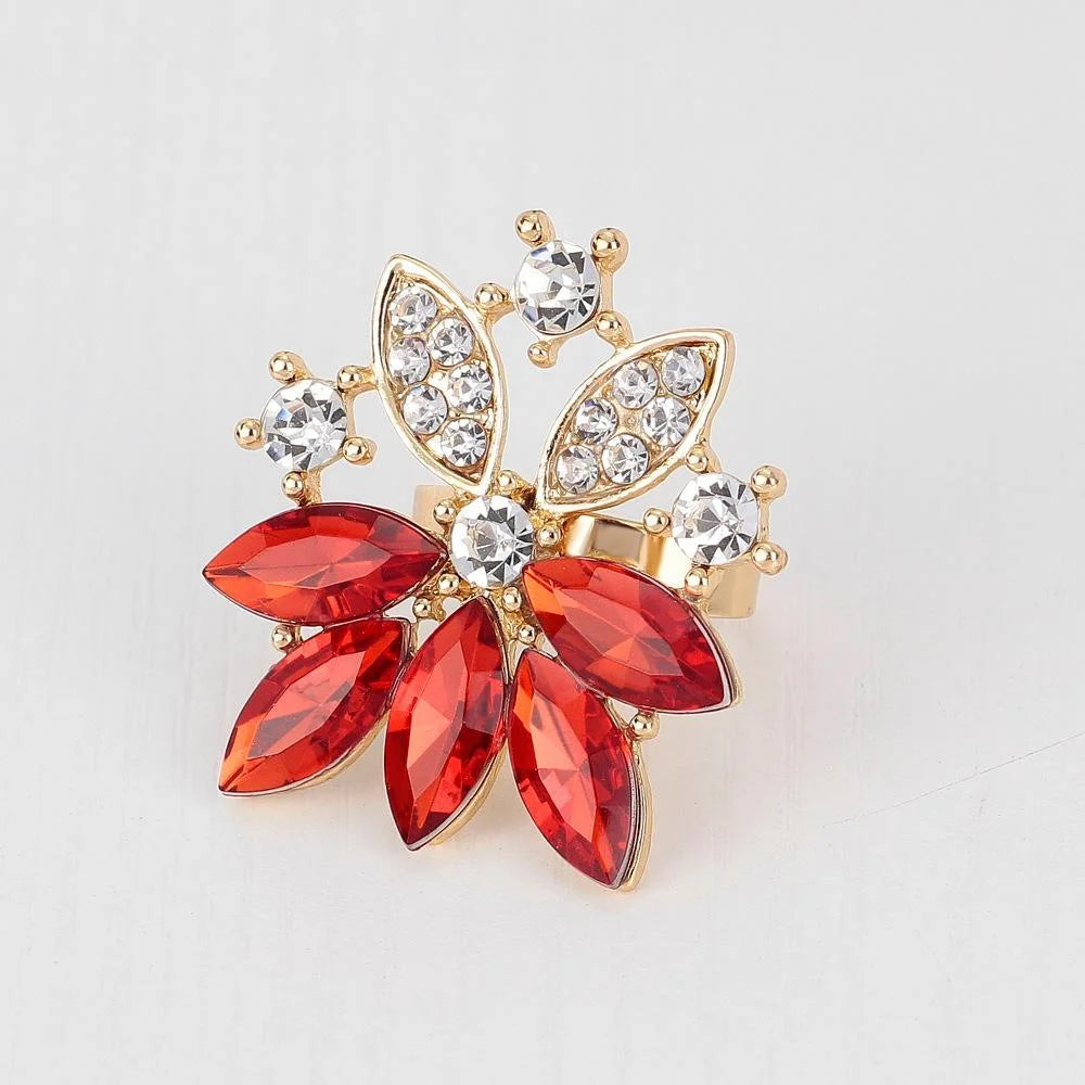 Luxury Red Crystal Rhinestone Leaf Flower Alloy Jewelry Set For Women Wedding Party Banquet Gift