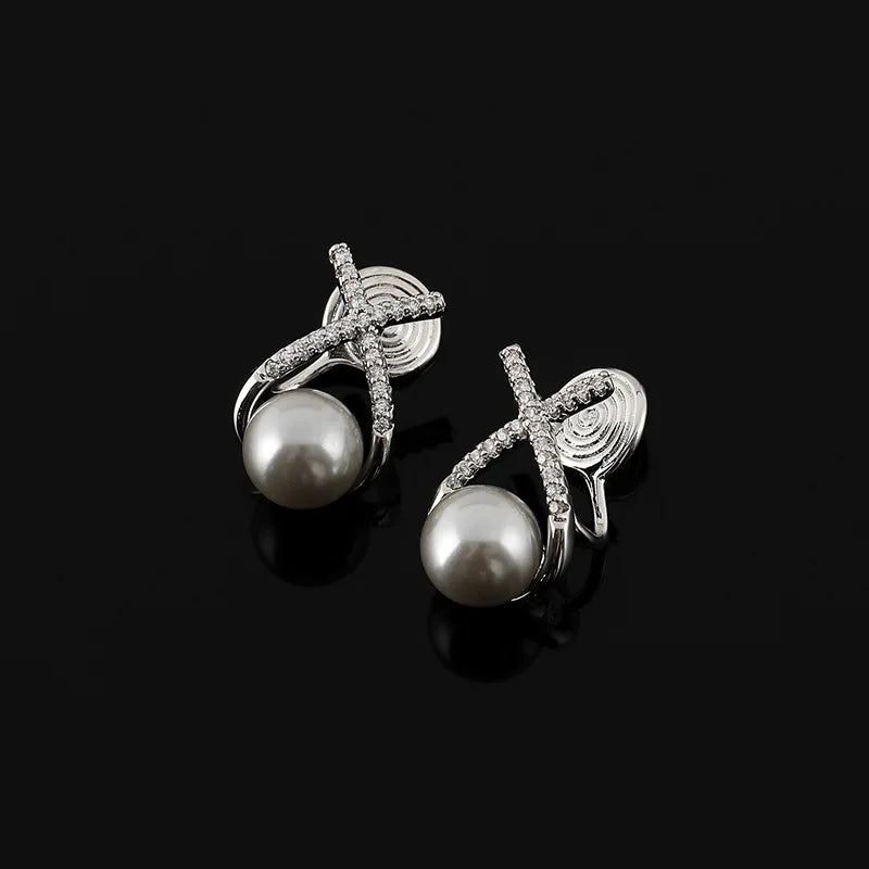 Elegant Cross Rhinestone Grey Pearl Spiral Stud & Clip On No Piercing Women's Fashion Earrings