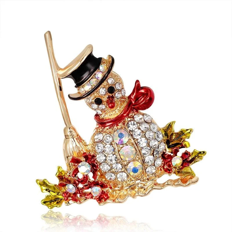 Cute Christmas Snowman Rhinestone Enamel Alloy Brooch, Luxury Lapel Pin Corsage Suit Accessory Gift