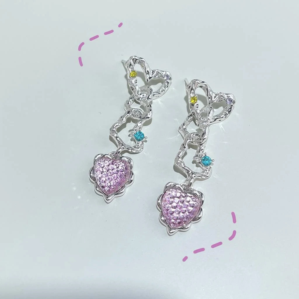 Sweet Cool Pink Heart Geometric Rhinestone Long Drop Earrings For Women