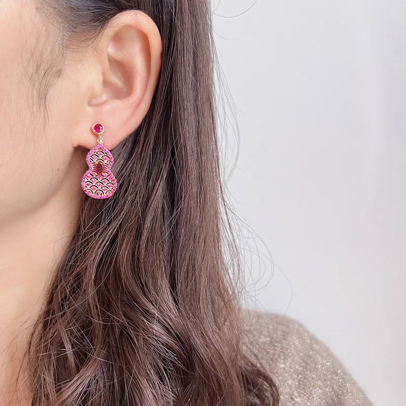 Luxury Rose Gold Hollow Gourd Floral Zircon Dangle Stud & Clip On No Piercing Women's Earrings