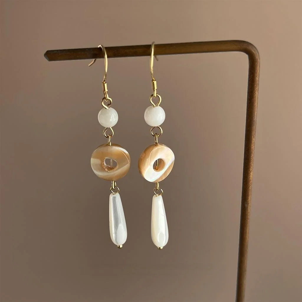 New Chinese Style Real Shell Geometric Line Handmade Long Drop Earrings With Silver Plated Pins