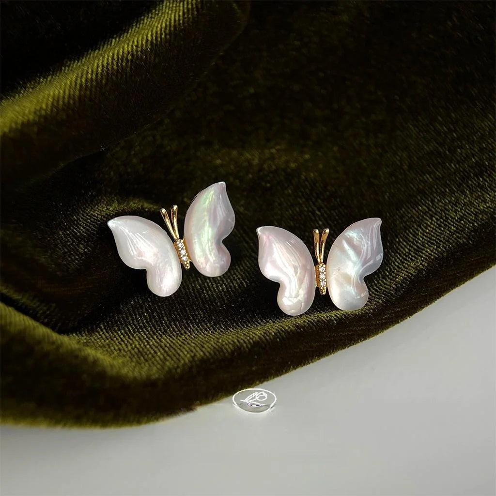 14K Gold Plated Copper Real Shell Butterfly Micro Pave Zircon Sweet Summer Stud Earrings