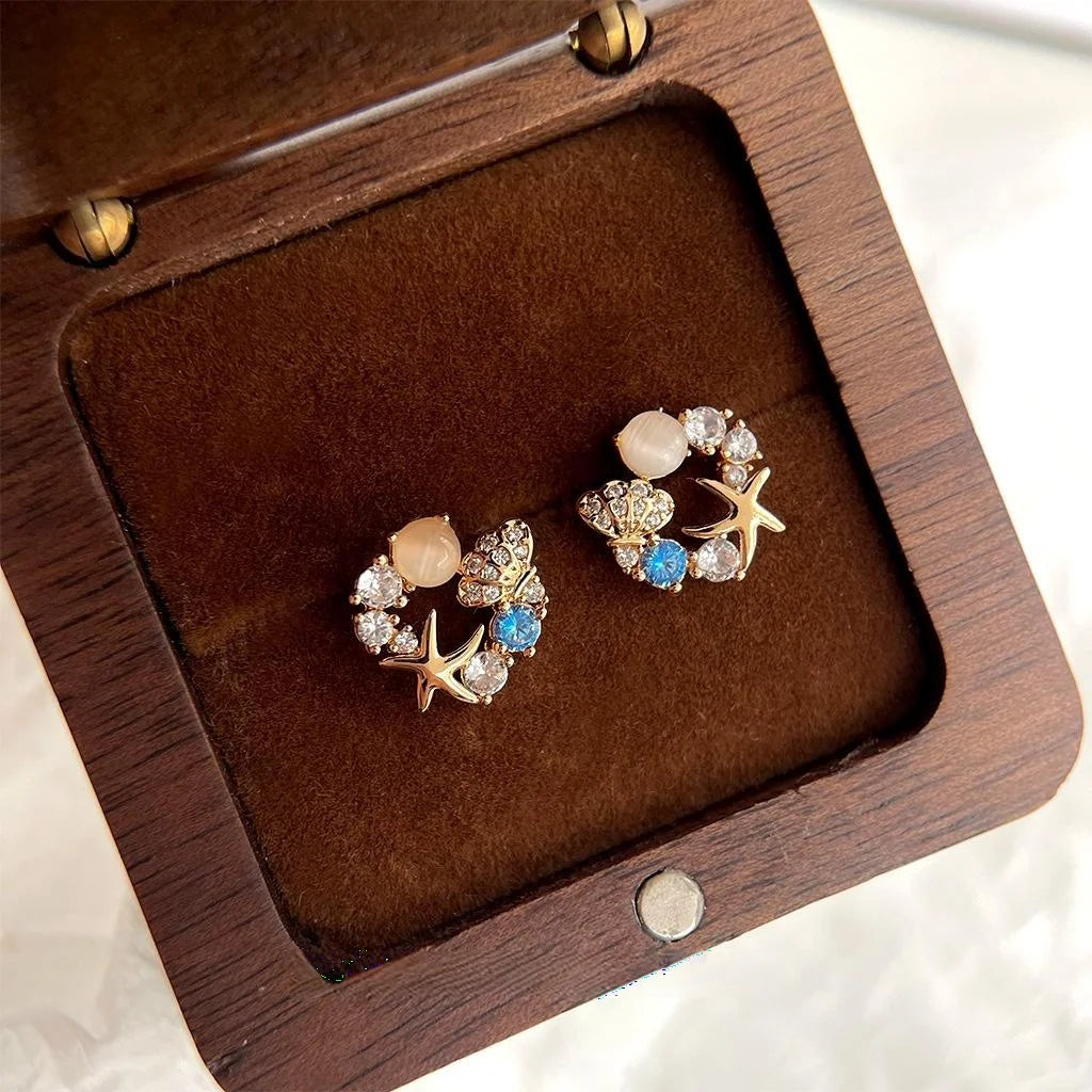 14K Gold Plated Copper Starfish Stud Earrings With Zircon And Cat Eye Stone, Unique Designer Jewelry