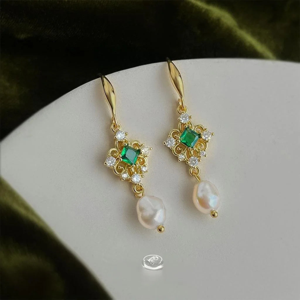 Hong Kong Style Baroque Freshwater Pearl Tassel Drop Earrings With Zircon Micro Pave Copper Geometric Design