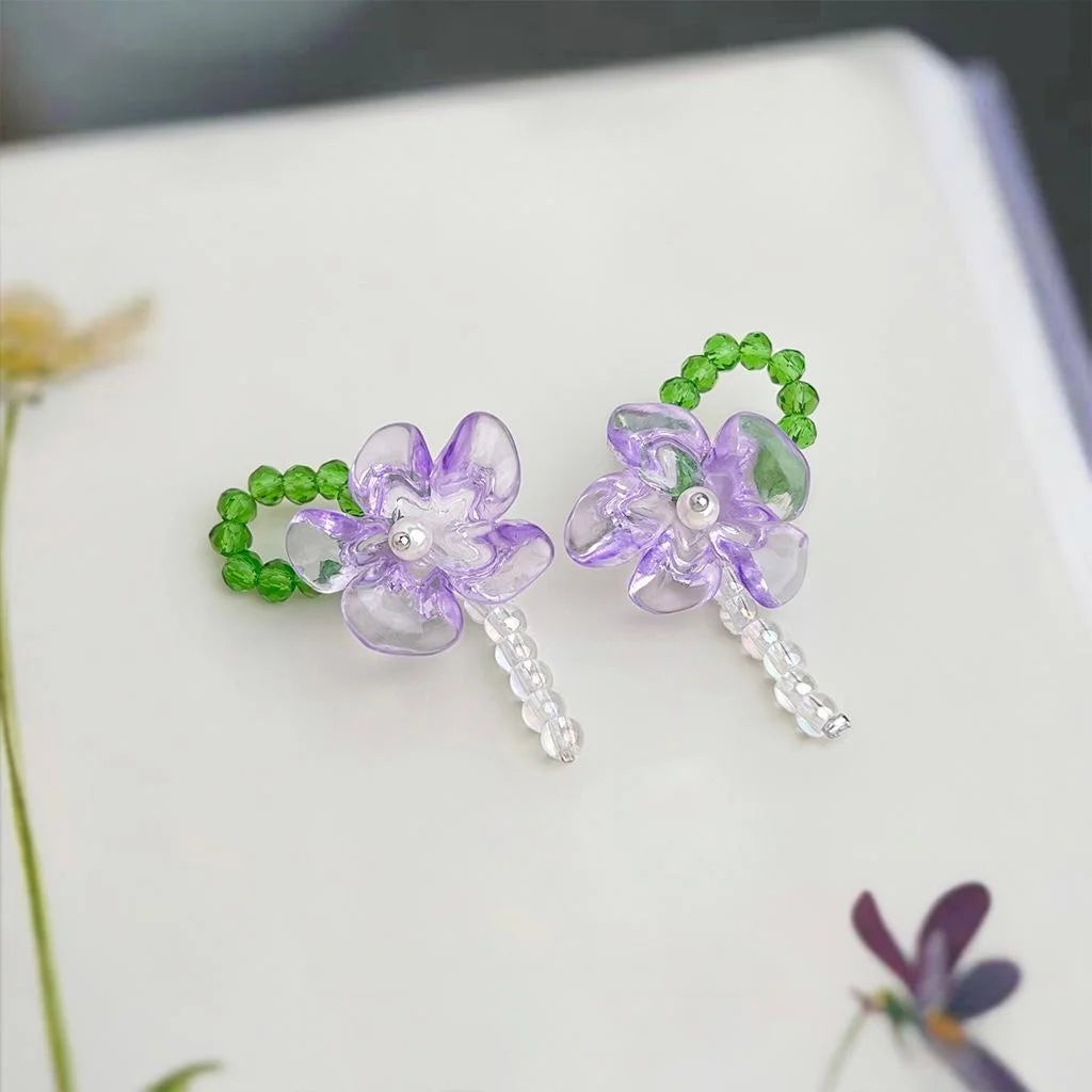 Sweet Purple Transparent Resin Flower Drop Earrings Handmade Summer Vacation Style