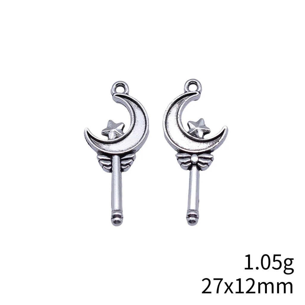 27x12mm 1.05g Antique Silver Zinc Alloy Star Moon Magic Wand Charm Pendant for DIY Fairy Jewelry