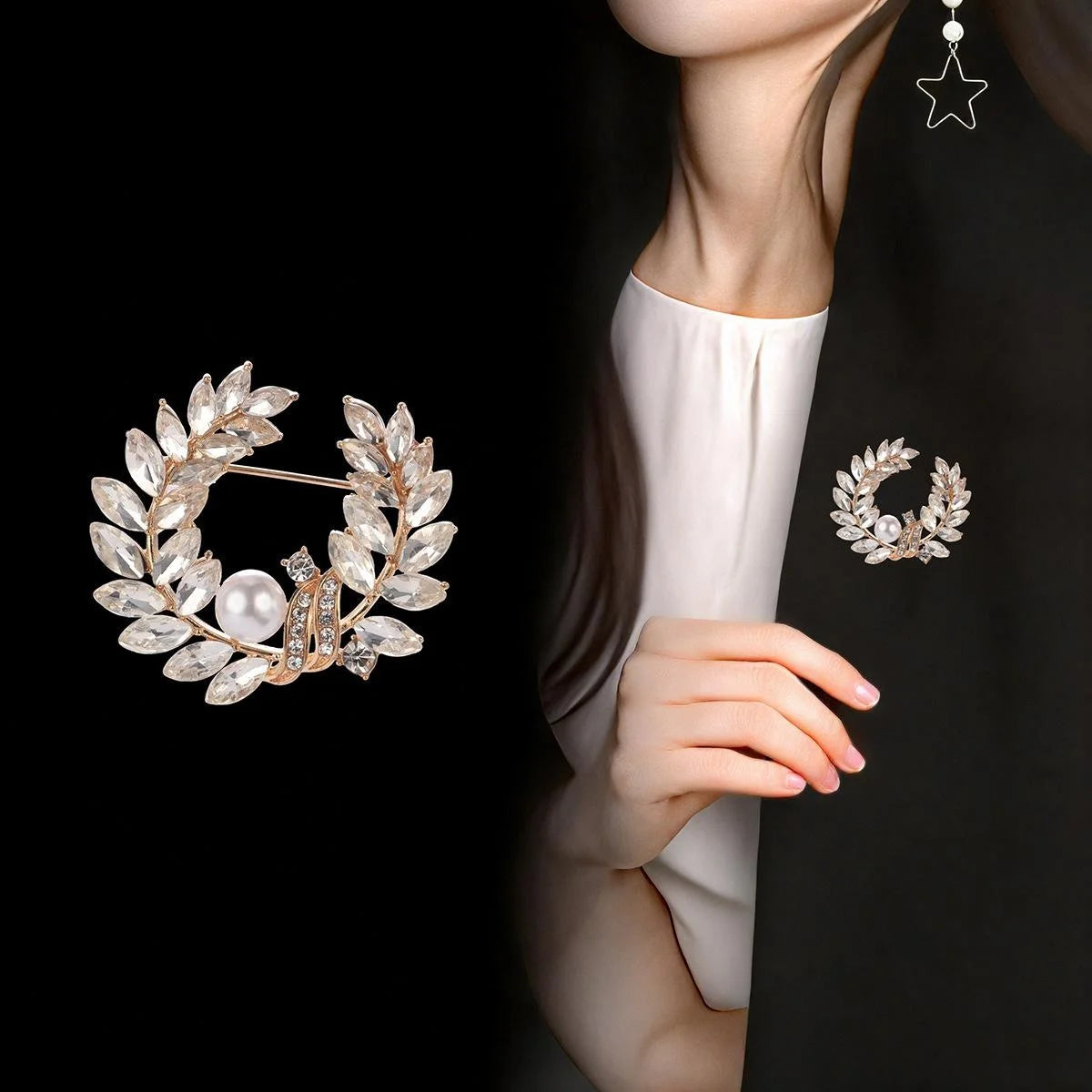 Elegant Pearl Leaf Wreath Brooch For Women Copper Zircon Rhinestone Lapel Pin Suit Corsage Gift