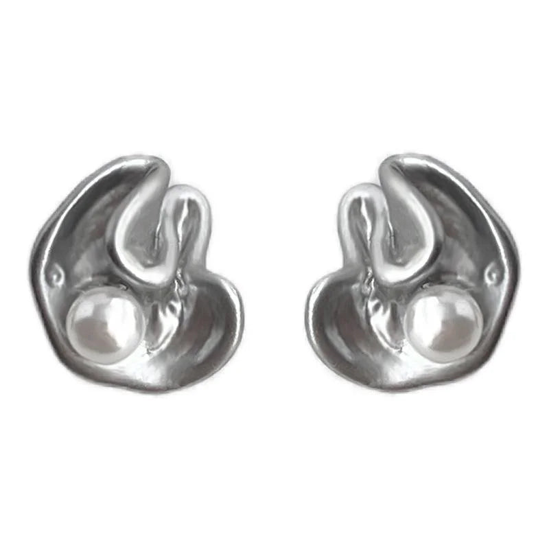 Eco Copper Fishtail Ruffle Pleated Pearl Stud Earrings Minimalist Luxury Style