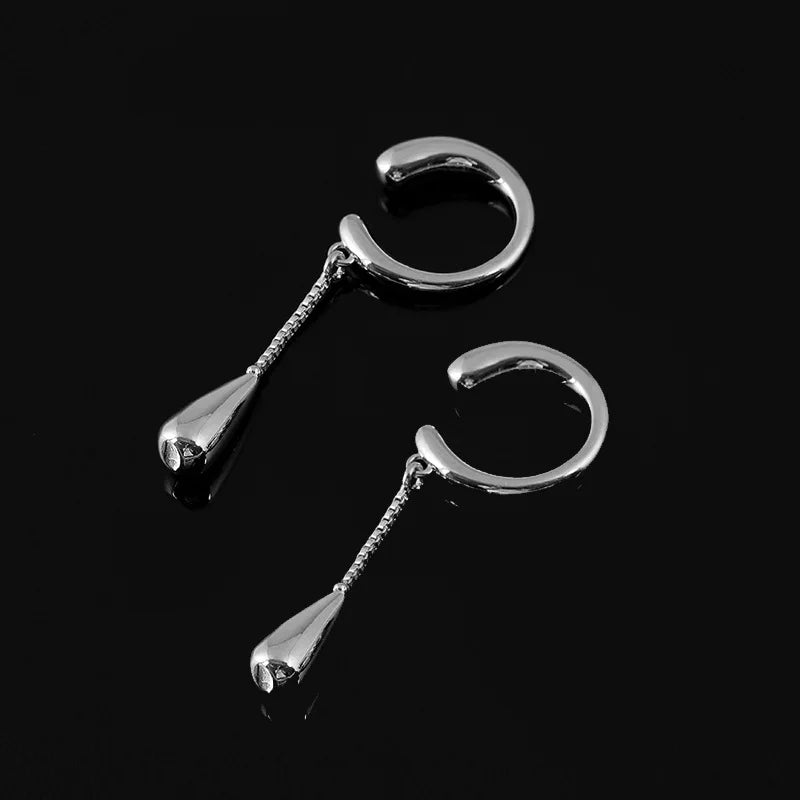 Elegant Silver Alloy Ear Cuff Chain Tassel Waterdrop Stud & Clip On No Piercing Long Drop Earrings