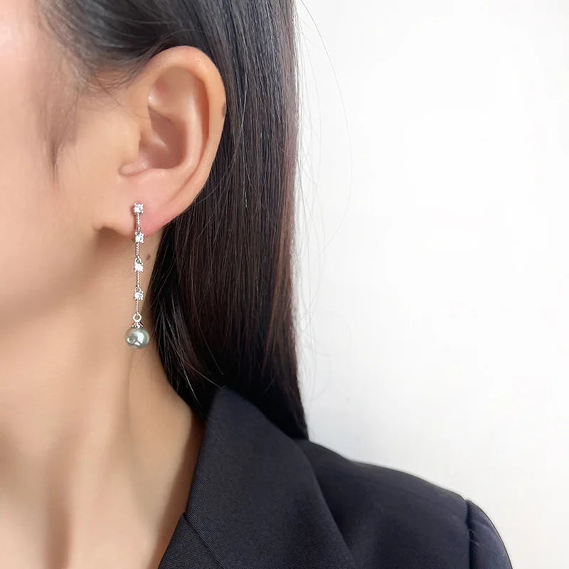 Elegant Long Tassel Grey Pearl Zircon Drop Stud & Clip On No Piercing Face Slimming Earrings