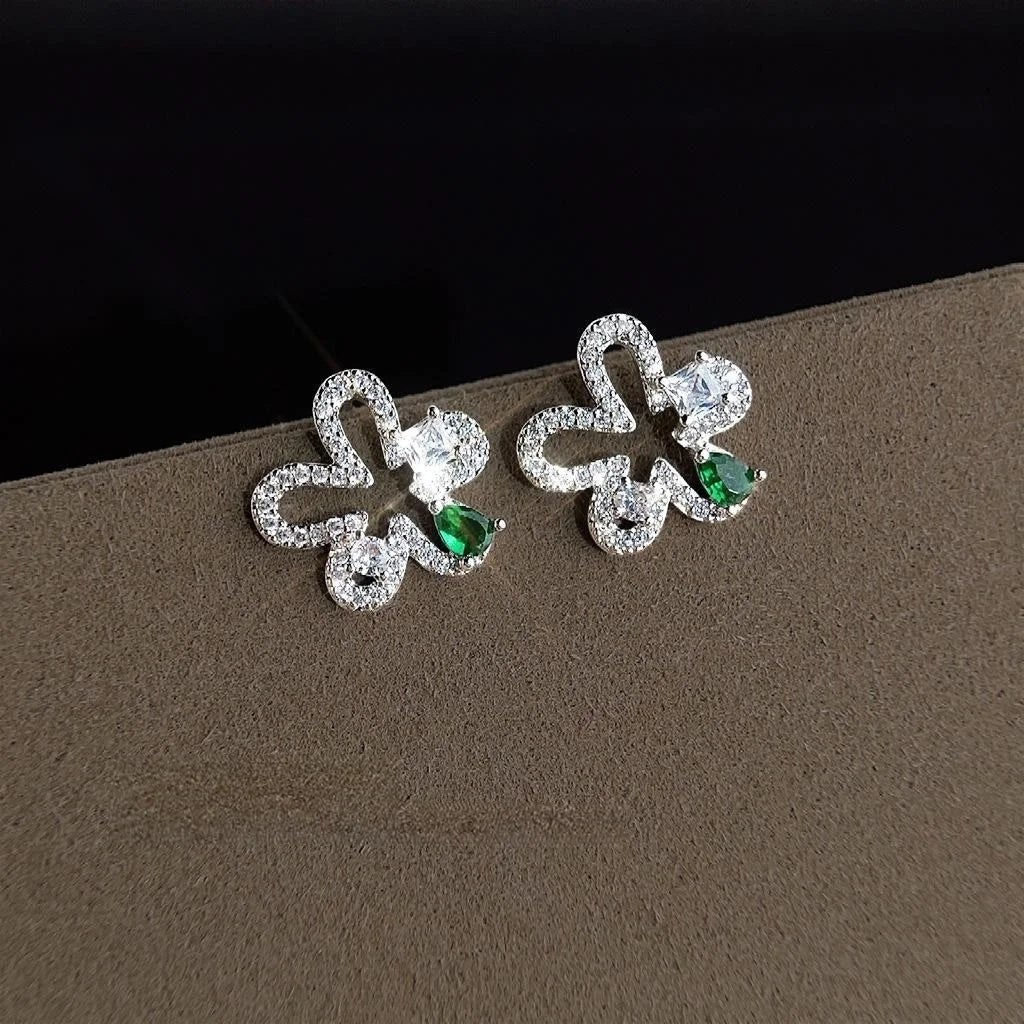 Light Luxury Micro Pave Zircon Copper Hollow Flower Stud Earrings Green Mini Minimalist Jewelry
