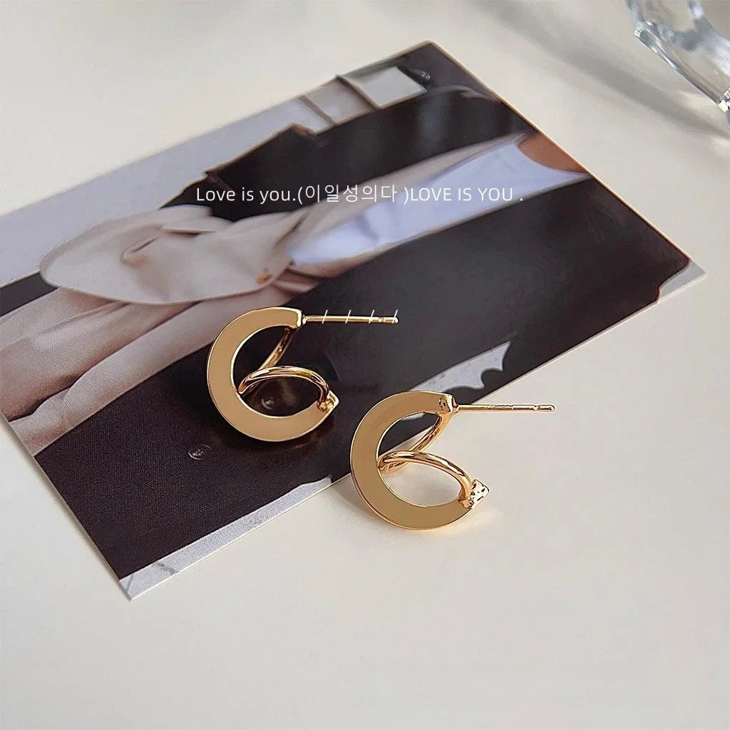 14K Gold Plated Copper Geometric Hoop Stud Earrings For Women Minimalist Luxury Style