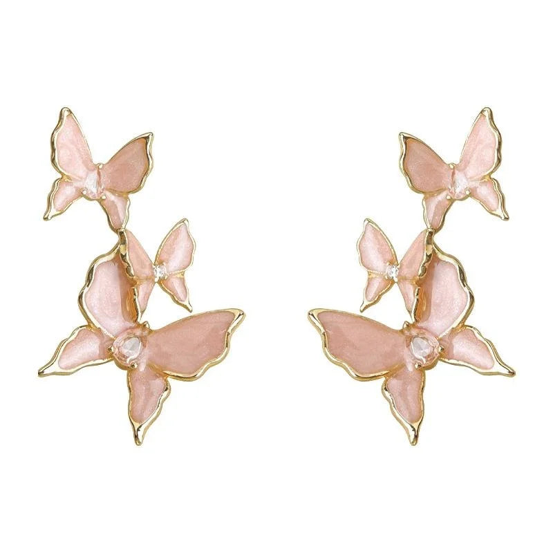 Sweet Pink Copper Butterfly Drop Earrings With Micro Pave Zircon, Elegant Summer Jewelry