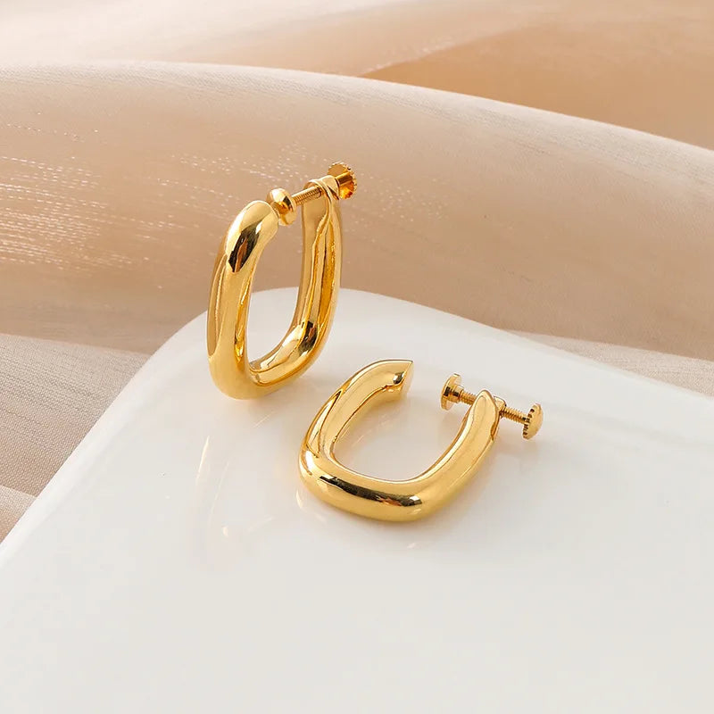 Elegant Gold Alloy U-Shaped Oval Hoop Stud & Clip On No Piercing Minimalist Screw Back Earrings