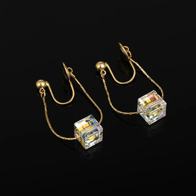 Elegant Aurora Cube Crystal Chain Tassel Loop Stud & Clip On No Piercing Gold Alloy Dangle Earrings