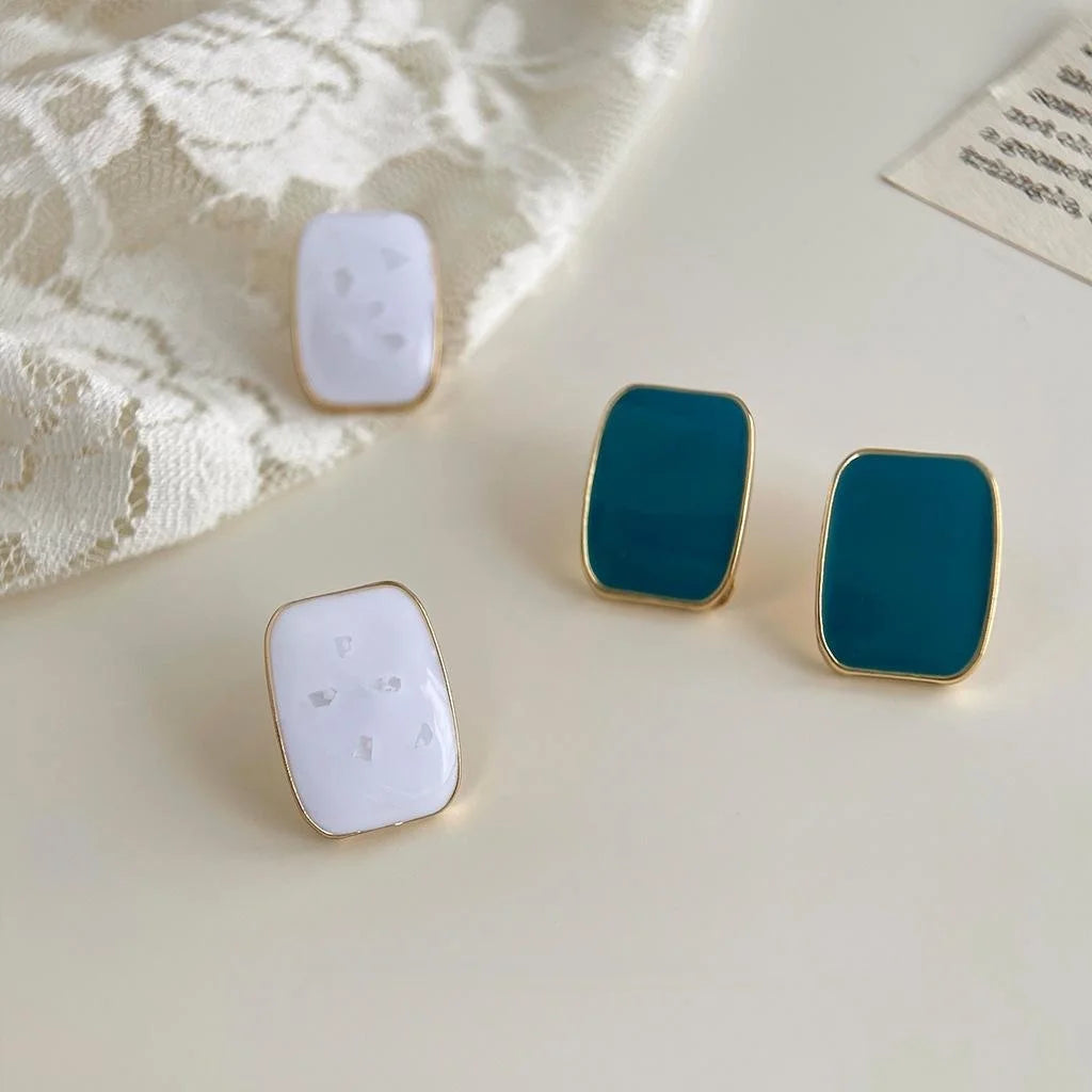 Natural Crushed Shell Square Stud Earrings Copper Geometric French Vintage Minimalist Jewelry