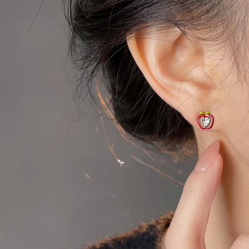 Cute Tiny Apple Stud Earrings Copper Fruit Design Forest Fresh Student Jewelry