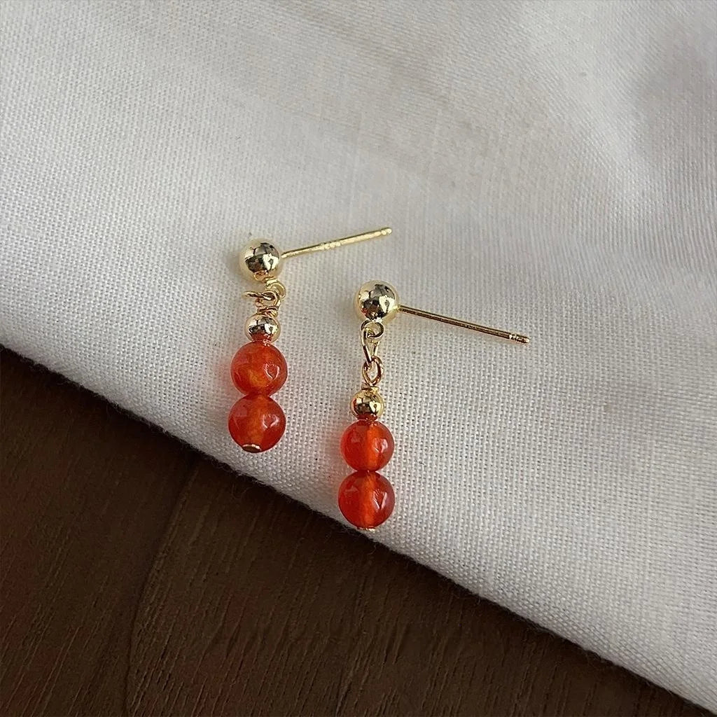 Handmade Red Agate Gourd Stud Earrings Copper New Chinese Style Mini Natural Stone Jewelry