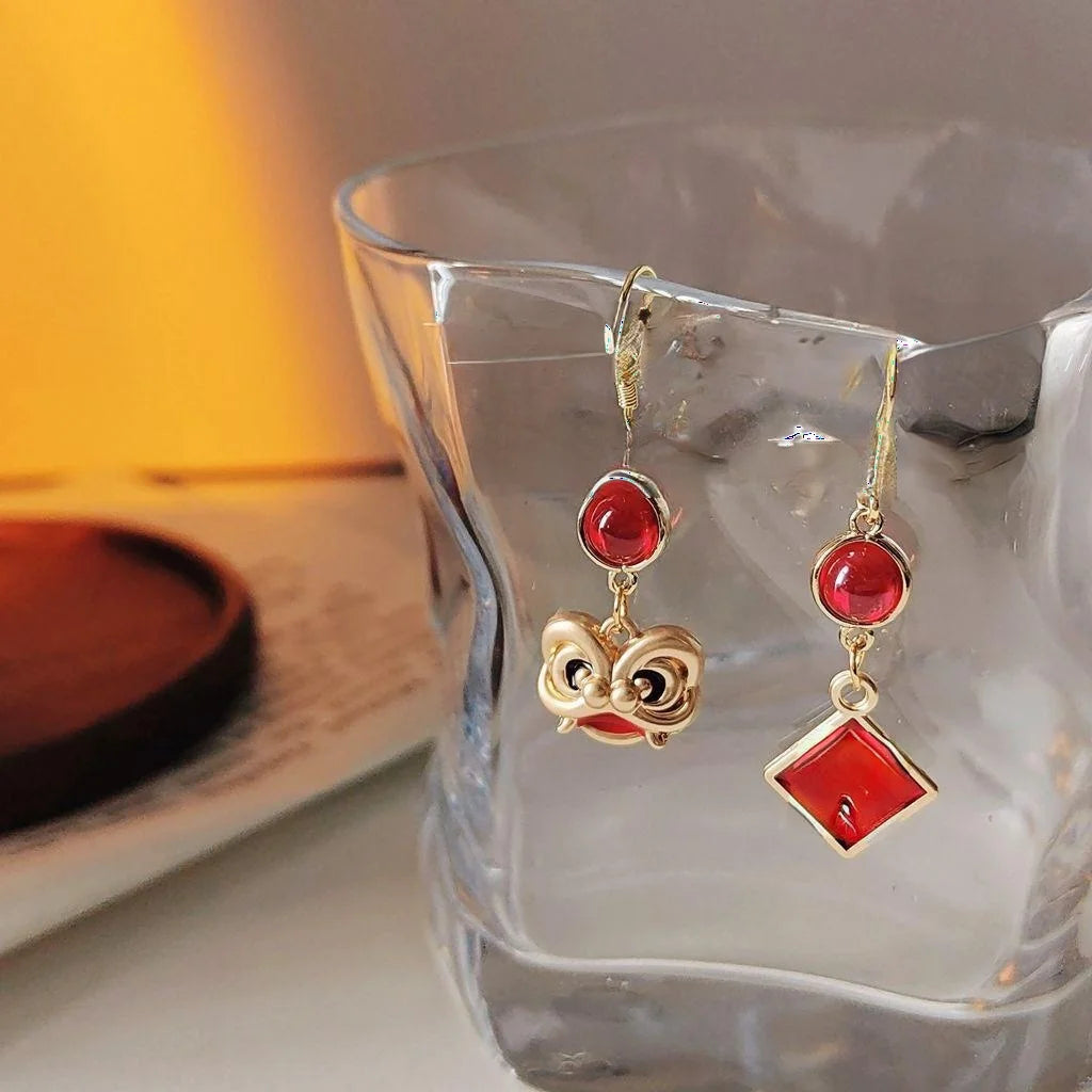 Chinese New Year Lion Dance Asymmetric 14K Plated Copper Drop Earrings