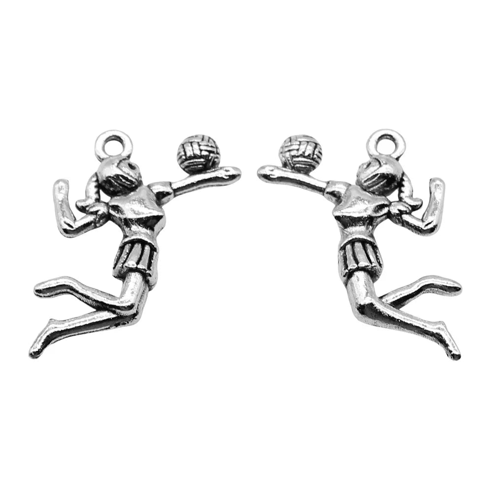 24x26mm 2.5g Antique Silver Zinc Alloy Volleyball Player Charm Pendant for DIY Sports Jewelry Making