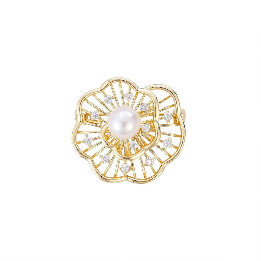 Elegant Camellia Flower Copper Brooch With Zircon Crystals, Luxury Women's Lapel Pin Suit Accessory Gift
