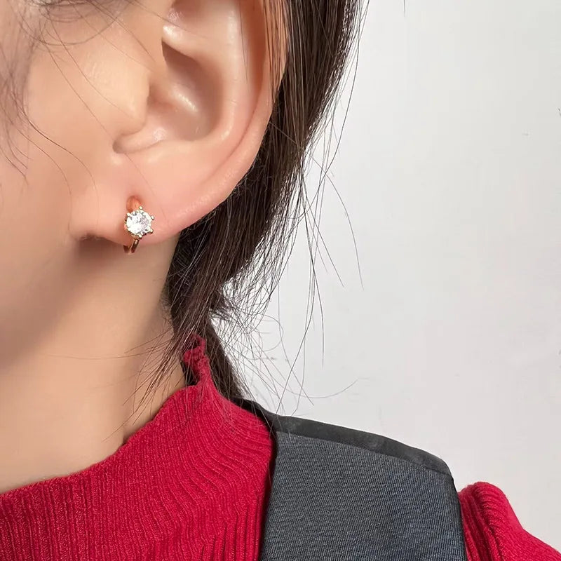 Elegant Gold Alloy Spiral Coil Hoop Zircon Stud & Clip On No Piercing Minimalist Round Cuff Earrings