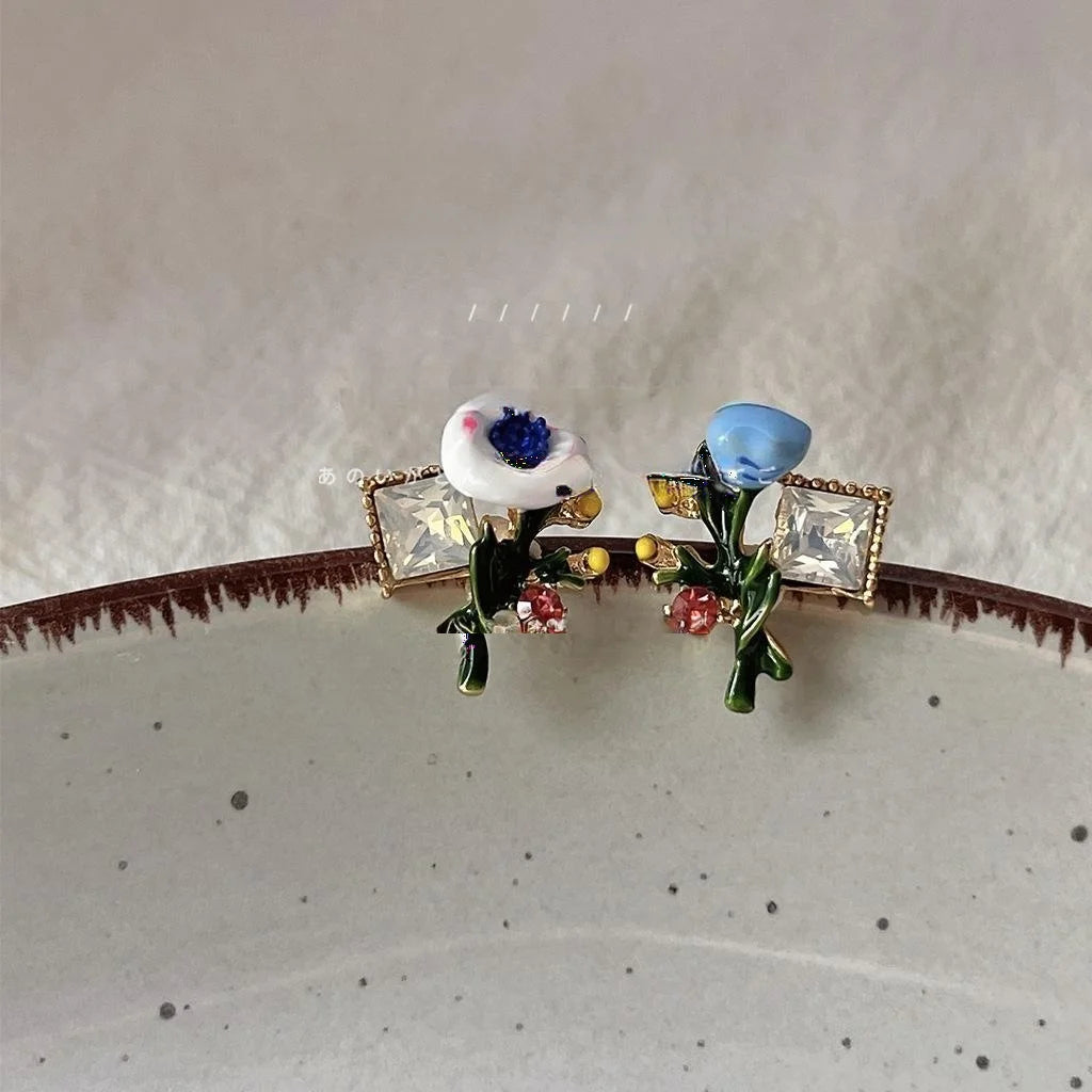 Vintage Asymmetric Enamel Drip Glaze Flower Stud Earrings Copper 14K Plated Floral Jewelry