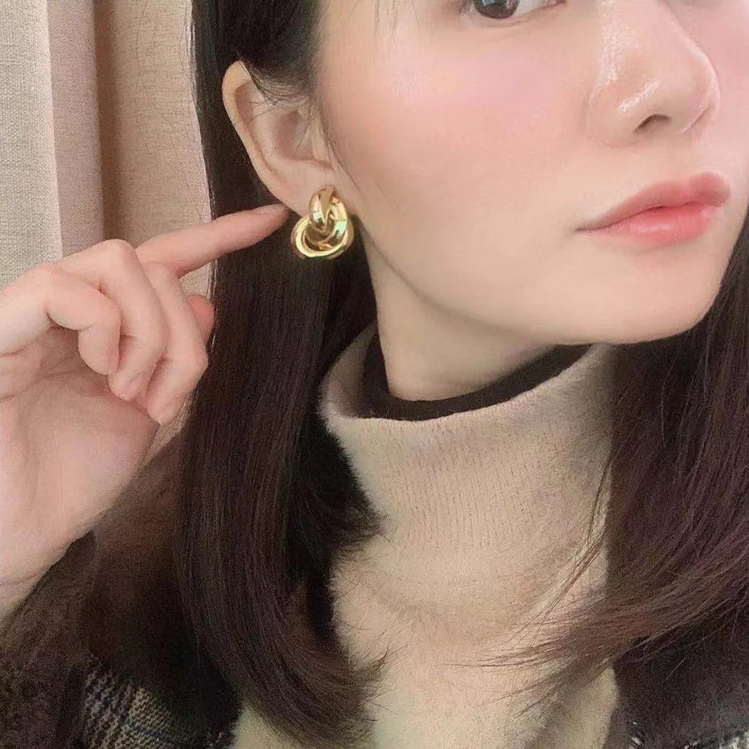 Vintage Gold Alloy Spiral Disc Hoop Stud & Clip On No Piercing Minimalist Statement Drop Earrings