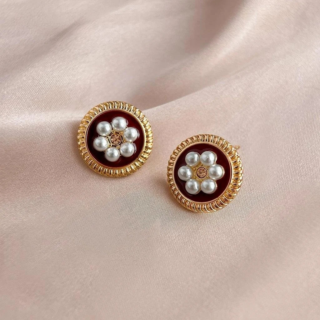 French Retro Burgundy Round Geometric Pearl Copper Stud Earrings With Silver Plated Pins