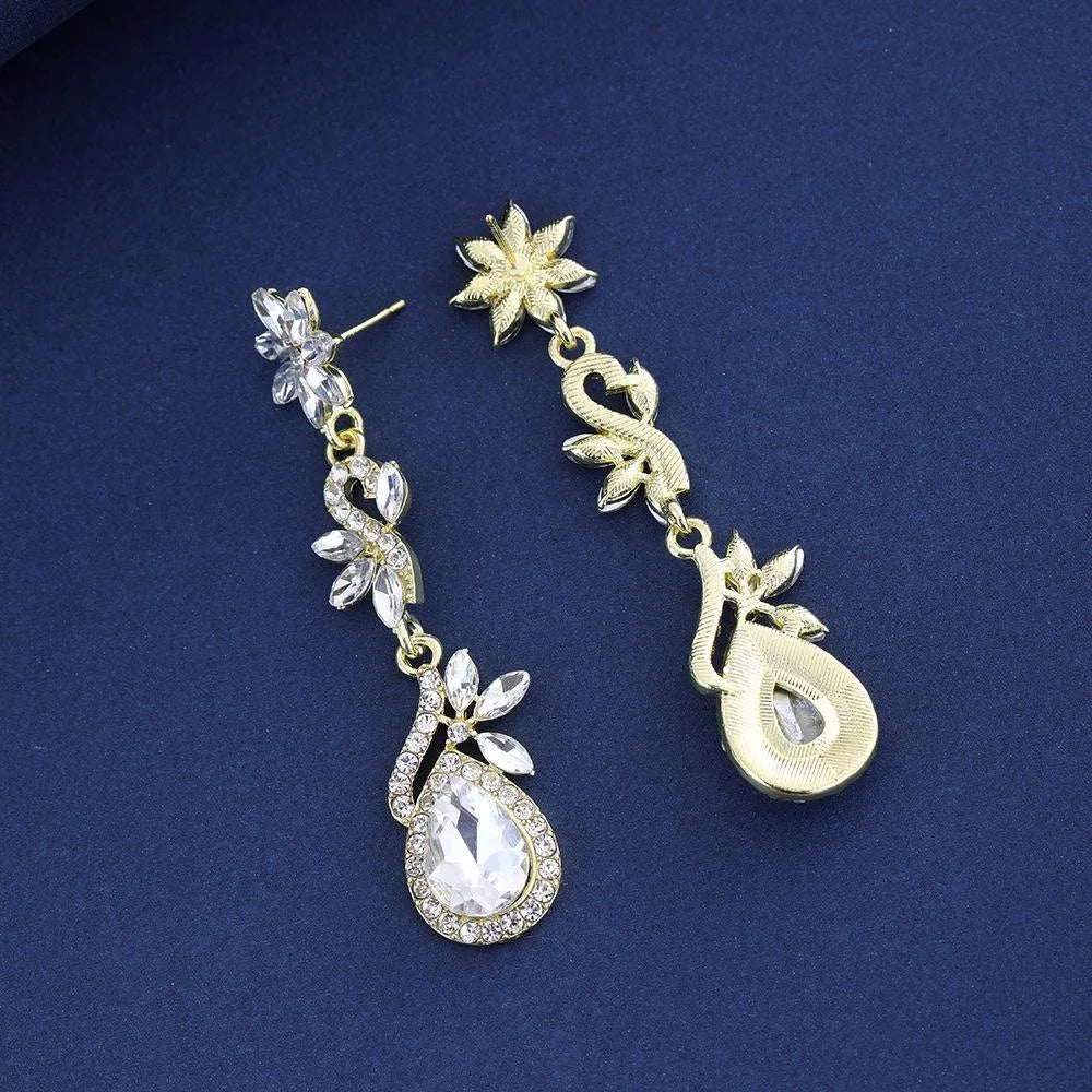 Elegant Rhinestone Crystal Flower Long Tassel Earrings, Silver Alloy Bridal Dangle Jewelry For Wedding Party