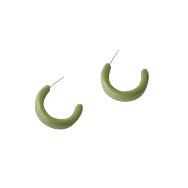 Vintage Green Resin C Shape Hoop Earrings Silver Plated Pin Minimalist Geometric Hong Kong Style