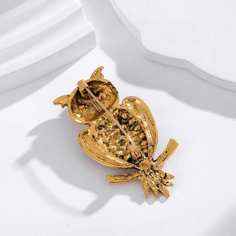 Vintage Gold Alloy Owl Brooch With Amber Rhinestones, Elegant Animal Lapel Pin Suit Accessory Gift