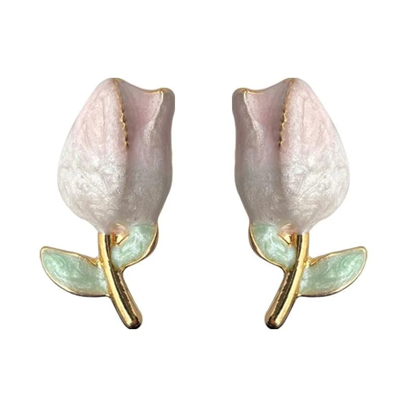 Sweet Gradient Pink Tulip Stud Earrings Alloy Floral Korean Style Cute Flower Jewelry for Women