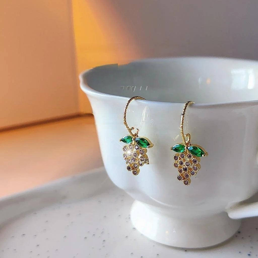 14K Gold Plated Copper Micro Pave Zircon Grape Drop Earrings Cute Korean Forest Style Jewelry