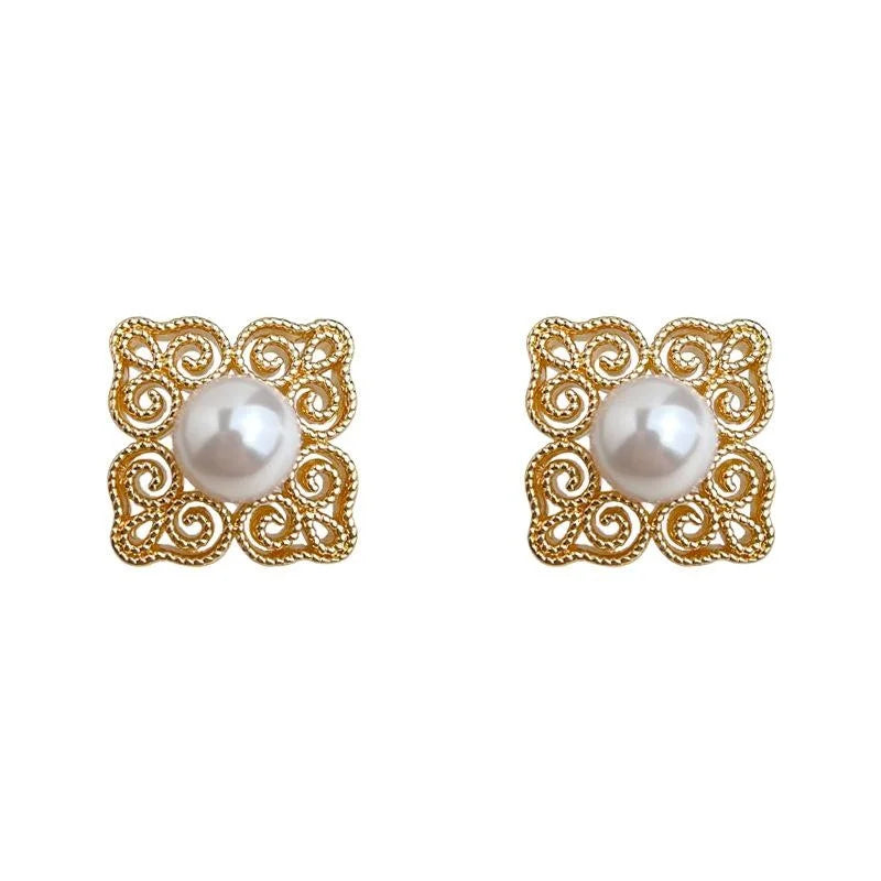 Vintage Chinese Style 14K Plated Copper Glass Pearl Geometric Floral Stud Earrings