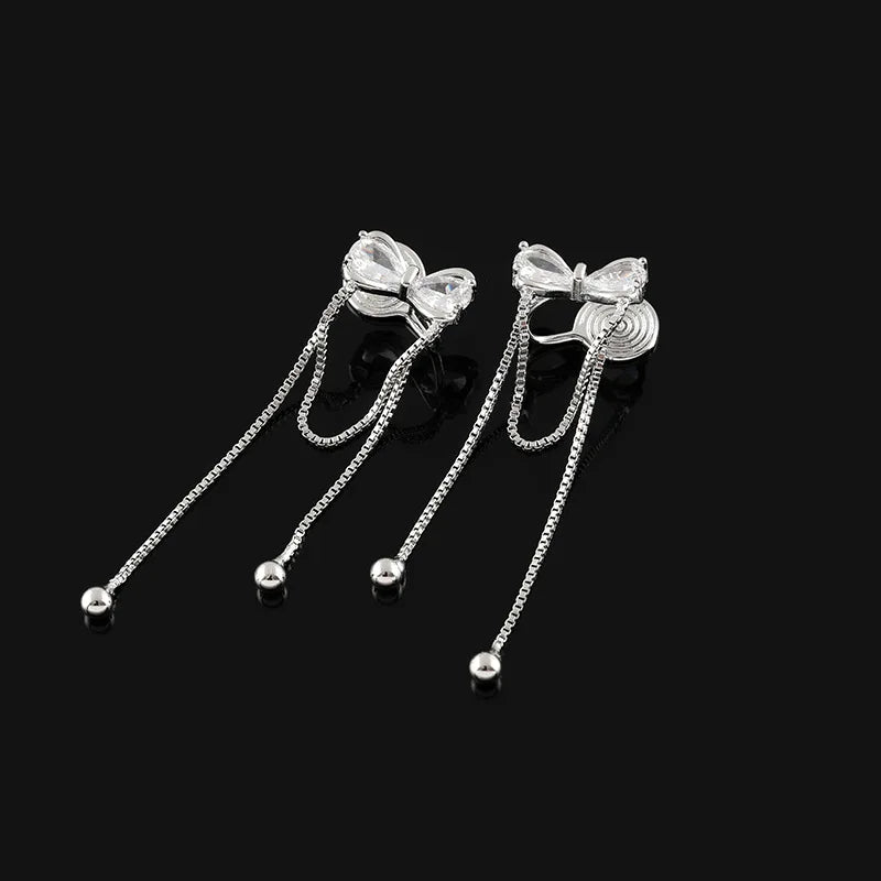 Elegant Silver Alloy Zircon Bowknot Long Chain Tassel Stud & Clip On No Piercing Women's Earrings