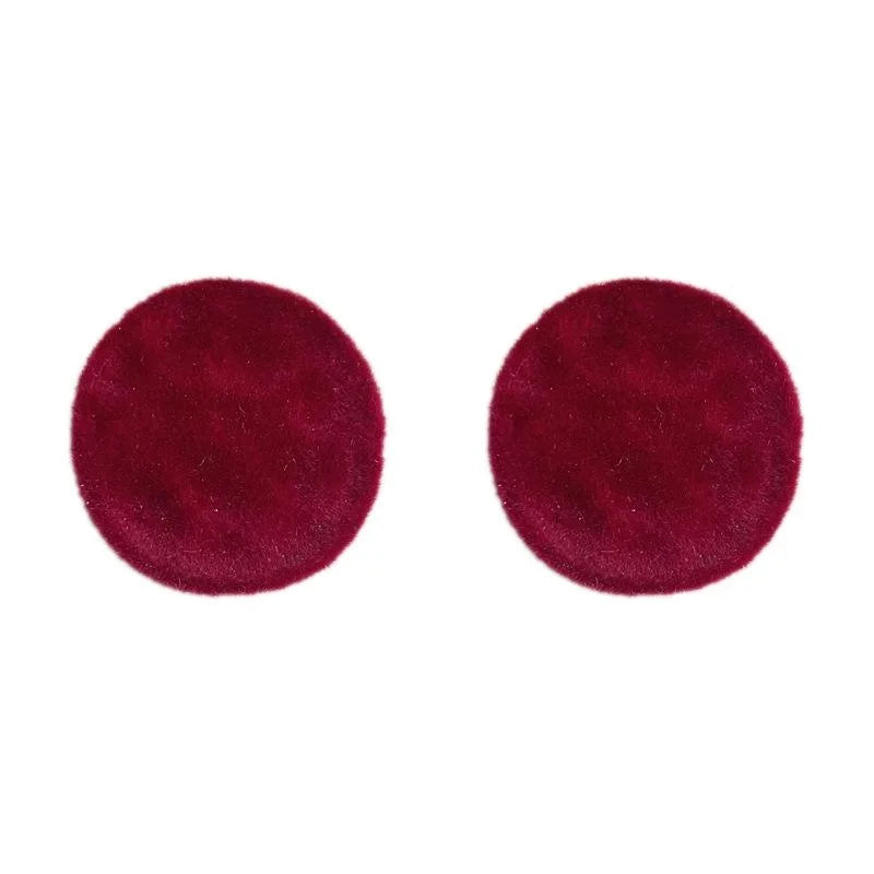 Vintage Hong Kong Style Burgundy Flocked Furry Curved Irregular Round Geometric Stud Earrings