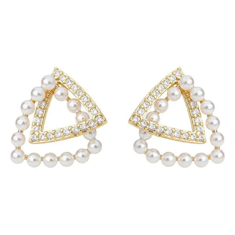 Geometric 3D Micro Pave Zircon Triangle Pearl Stud Earrings Copper