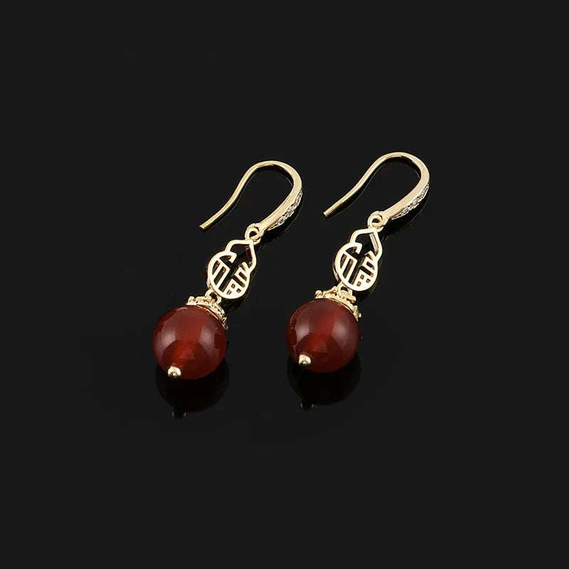 Elegant Chinese Fortune Red Agate Alloy Rhinestone Dangle Stud & Clip On No Piercing Earrings