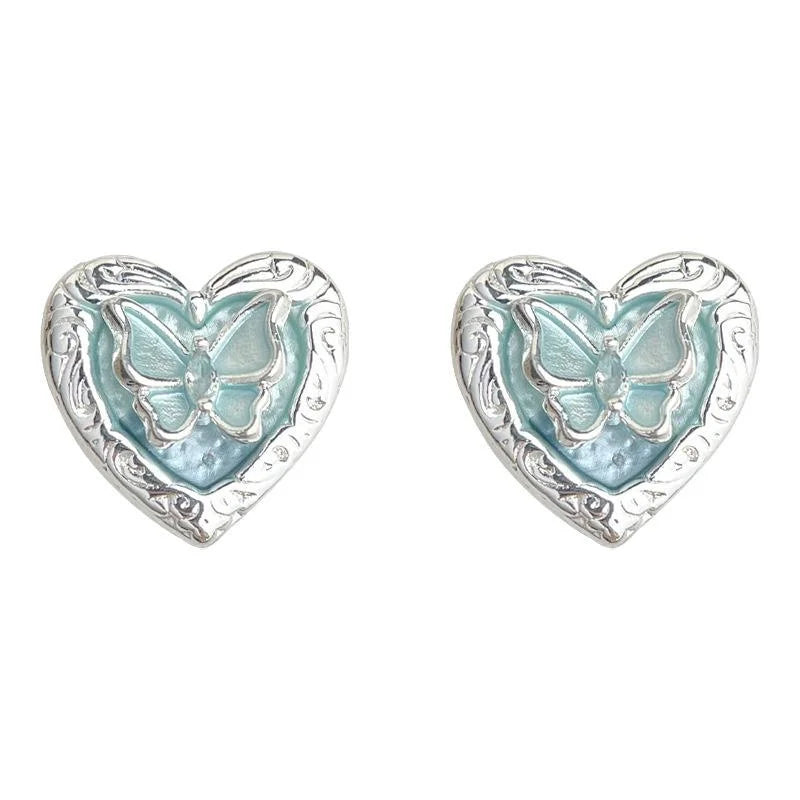 Elegant Blue Heart Butterfly Copper Stud Earrings With Silver Plated Posts