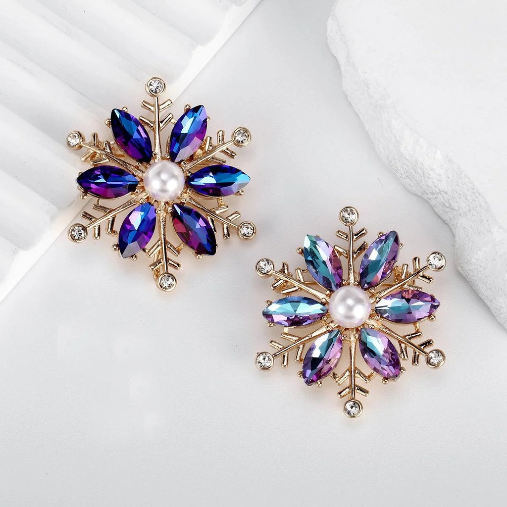 Elegant AB Crystal Snowflake Brooch With Faux Pearl, Gold Alloy Rhinestone Lapel Pin Suit Accessory Gift