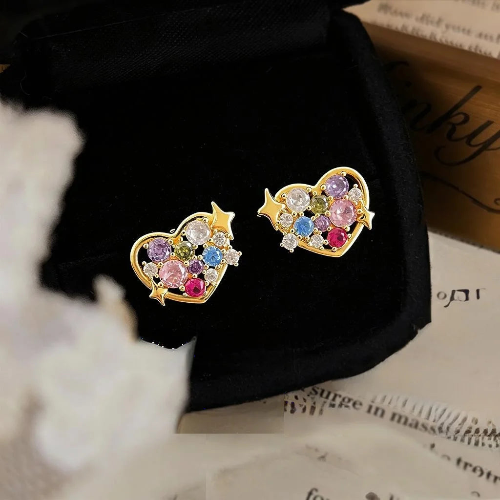14K Gold Plated Copper Zircon Heart Stud Earrings Minimalist Light Luxury Commuter Jewelry