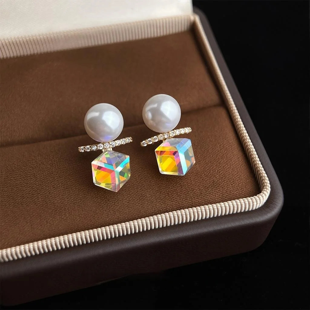 Sweet Geometric Balance Bar Stud Earrings With Glass Pearl Micro Pave Zircon 14K Plated Copper