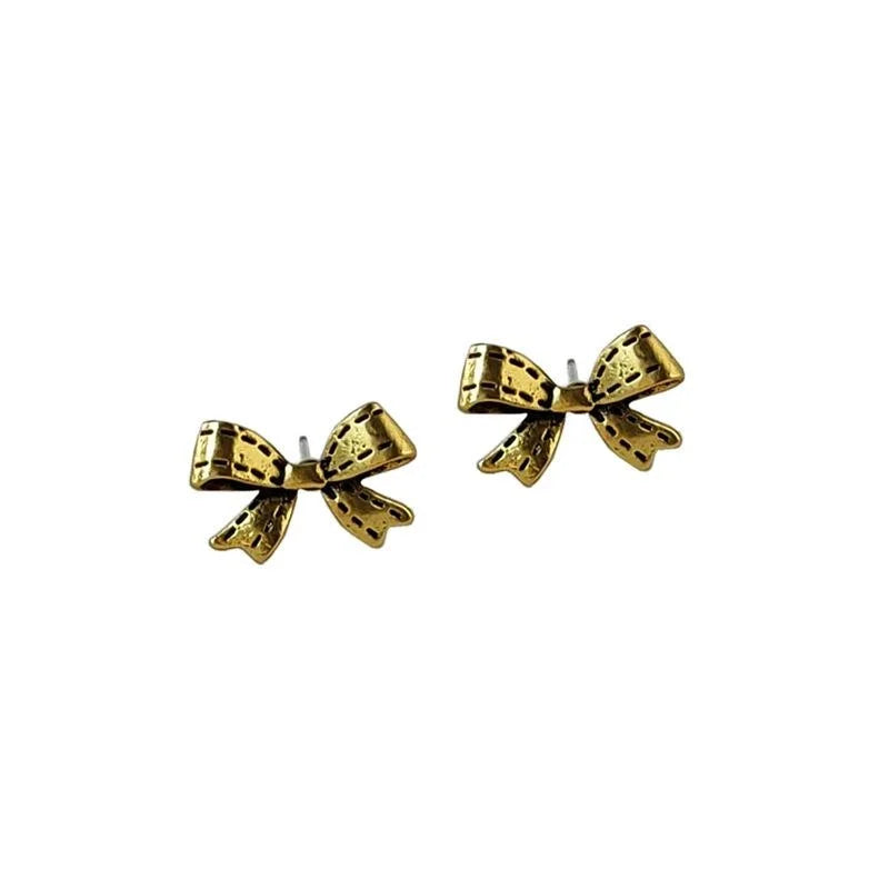 Vintage Hong Kong Style Gold Tone Copper Bow Stud Earrings For Women